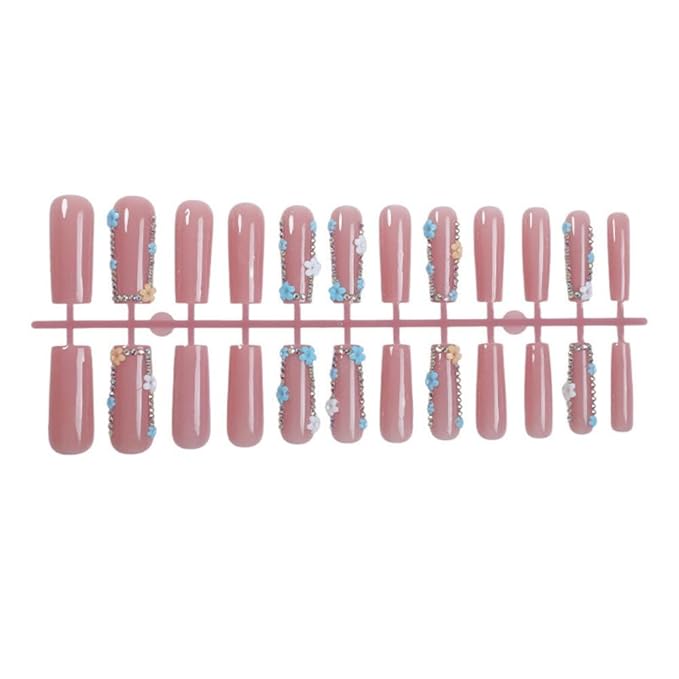 Flower Press on Nails - Long Square Fake Nails - Rhinestone Design - Glue on Nails Blue Floral Stick on Nails- Glossy Summer Nail - Daisy False Nail for Women Manicure 24Pcs