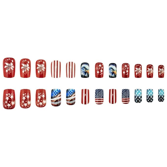 Medium Press on Nails Independence Day Fake Nails with Fireworks and Stripe Designs Bald Eagle Glue on Nails 4th of July Flag Stick on Nails Blue Red Glue on Nails for Women Girls 24Pcs