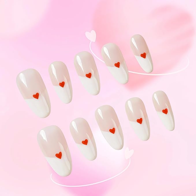Valentine's Day Press on Nails with Red Heart - Medium Almond Fake Nails Full Cover Glossy, Classic White Edge Design French Tip Handmade False Nails(Creamy Heart French,S)