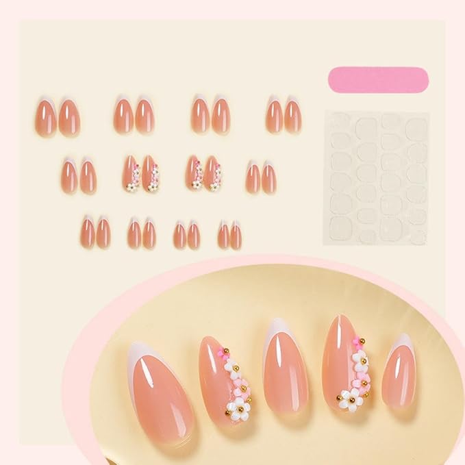 White French tips Press on Nails - Medium Almond Fake Nails - 3D Flower Glue on Nails Nude False Nail Glossy Reusable Spring Nail for Women Manicure 24pcs