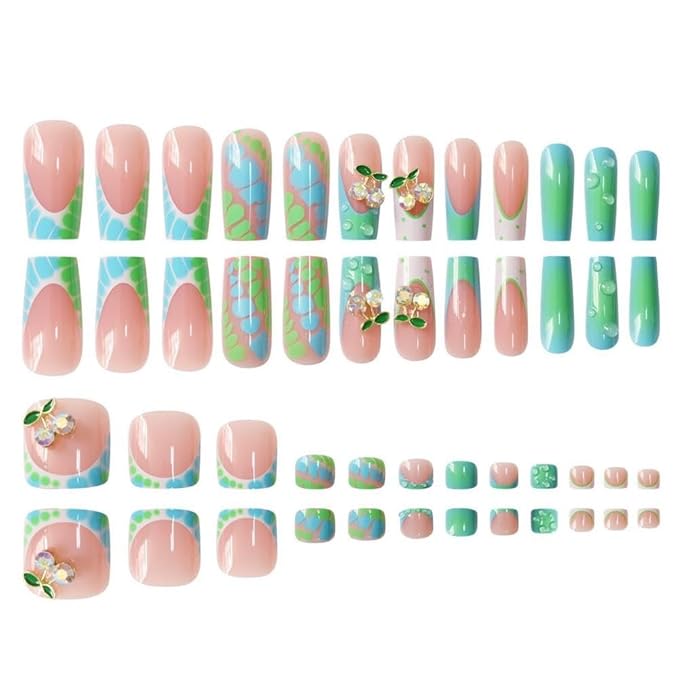 48Pcs Ombre Green French Tips Press on Toenails Long Square Press on Nails Gradient Blue False Nails with 3D Cherry Charm Design Glossy Skin Tones Summer Fake Toenails Kit for Women Girls Manicure