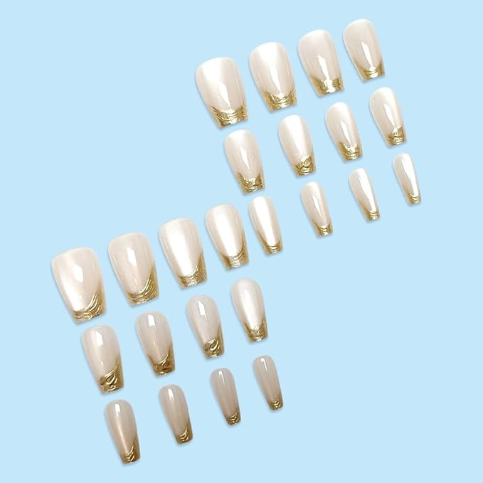 Gold French Tip Press on Nails Square Short Fake Nails Cat Eye Acrylic Nails Press ons Glossy Nature Artificial False Nails Full Cover Glue on Nails for Women Girls Manicure Deco 24Pcs