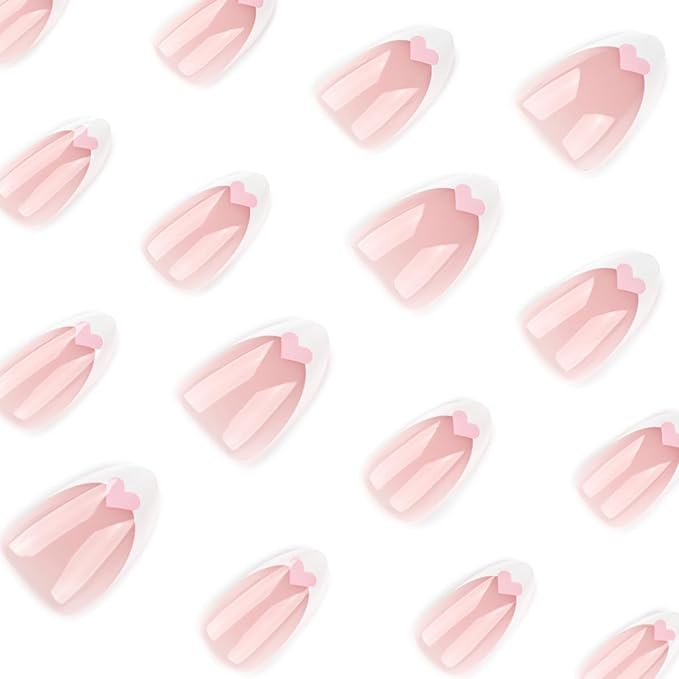 24Pcs White French Tip Press on Nails Short Almond Fake Nails Valentines Press ons Pink Heart Glue on Nails Nude Pink Acrylic Nails French Tip False Nails Valentines Stick on Nail for Wedding Manicure