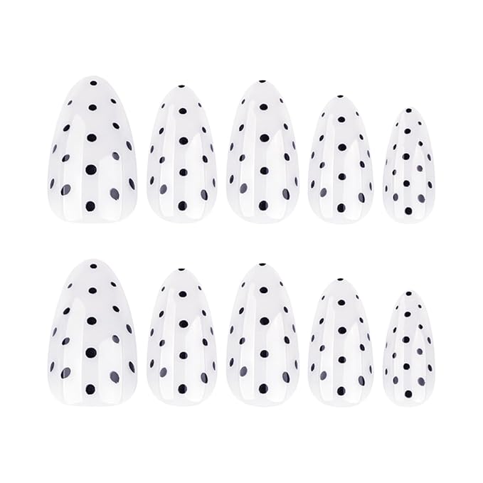 White Press on Nails Medium Almond MABKJLF Fake Nails False Nails with Black Polka Dots Designs Glossy Glue on Nail Reusable Full Cover Acrylic Nails for Women Girls 24Pcs