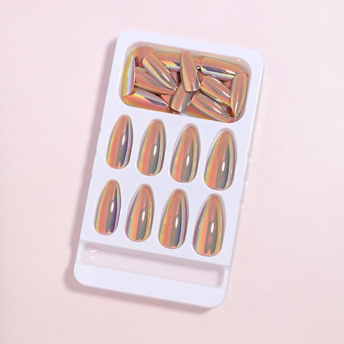 Chrome Press on Nails Almond Fake Nails Metal Mirror False Nails Glossy Medium Acrylic Nail Press ons Full Cover Holographic Shiny Glue on Nails for Women Girls Manicure 24Pcs
