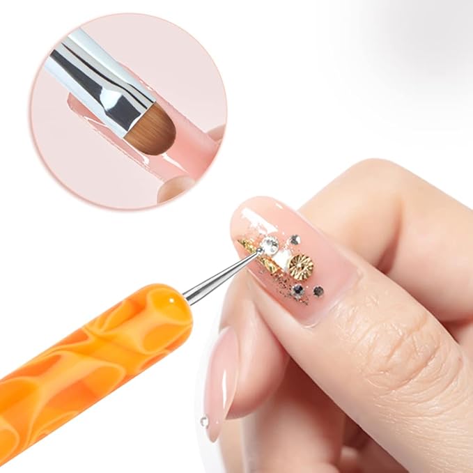 French Manicure Brush - Two Way Nail Art Brush with Dotting Tool for Cuticle Clean Up & Design - Professional Salon Quality, Dotting Pen (16#, Orange)