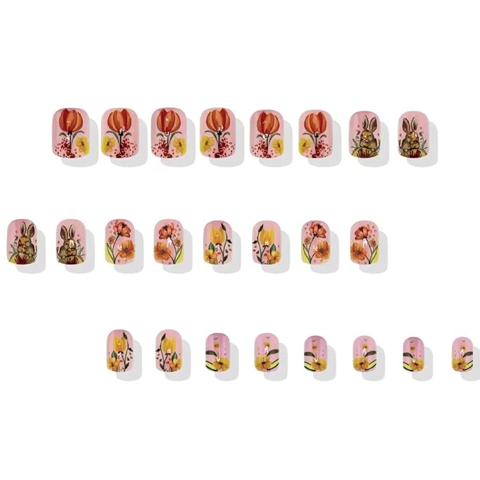 Easter Press on Nails Square - Medium Fake Nails with Buuny Design - Spring, Colorful Flower False Nails - for Women 24 Pcs