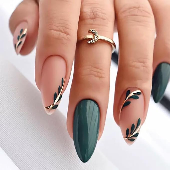 6 Packs (144 Pcs) Press on Nails Medium Almond Fake Nails French Tip False Nails with Designs Leaf Glue on Nail Full Cover Glossy Acrylic Stick on Nail for Women Manicure (Style-16)