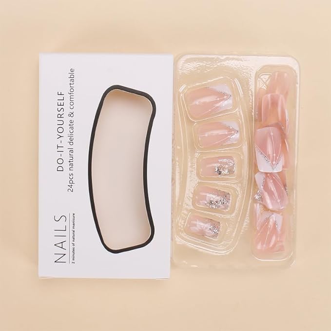 White French Tip Press on Nails Square Fake Nails Medium Length Nails Press ons with Glitter Design Reusable Artificial Nail Full Cover Glue on Nail Stick on Nails for Women Manicure 24Pcs