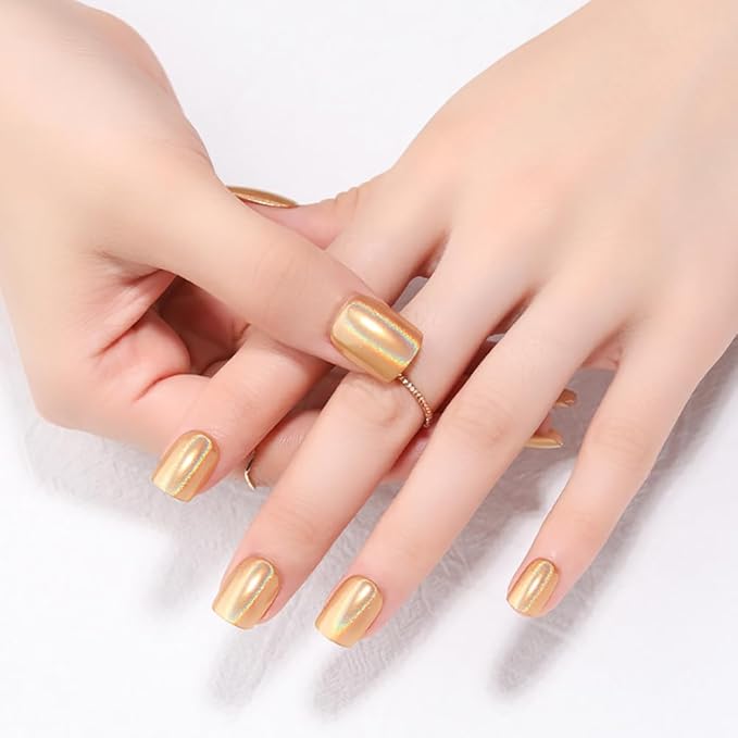 Gold Holographic Press On Nails, Short Chrome Glue On Nails for Women, Metallic Golden Fake Nails with Iridescent Glow, Press On Nails Short Square Shape, Color-Shifting Aurora Effect, 24 Pcs
