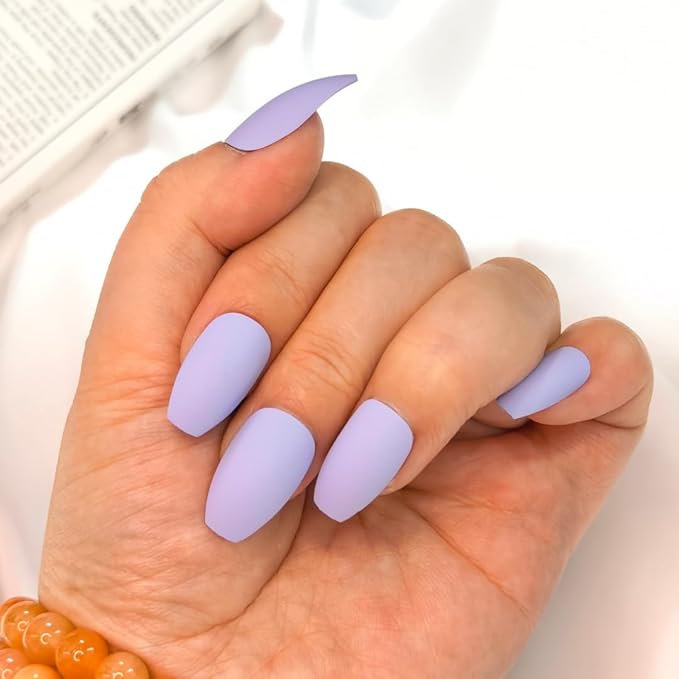 Press On Nails Matte Lavender,Glossy Short Almond Shape,Reusable Adhesive Stickers Included (24pcs)