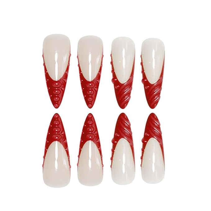 Long Stiletto Press on Nails Nude False Nails Red Dripping Glossy Stick on Nail for Women 24pcs