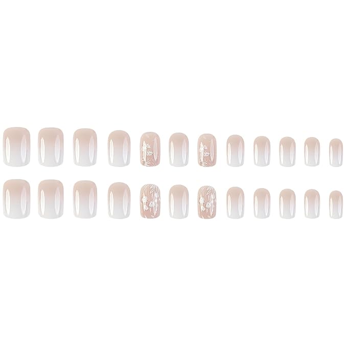 MABKJL French Fake Nails - White Gradient Square Full Cover White Floral Designs Glossy Glue on Acrylic Artificial Nails for Women Girls - 24Pcs