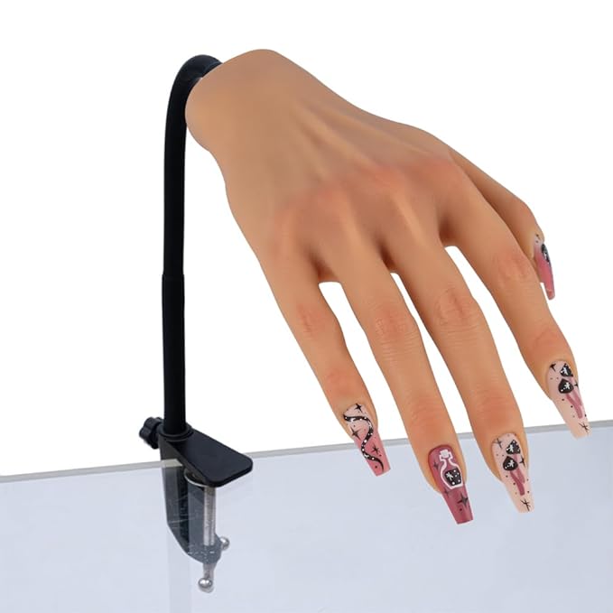 Silicone Practice Hand for Acrylic Nails, Mannequin Hands for Nails Practice with Adjustable Bracket, Life Size Fake Hand for DIY Nails/Nail Art Beginners/Nail Salon Artists