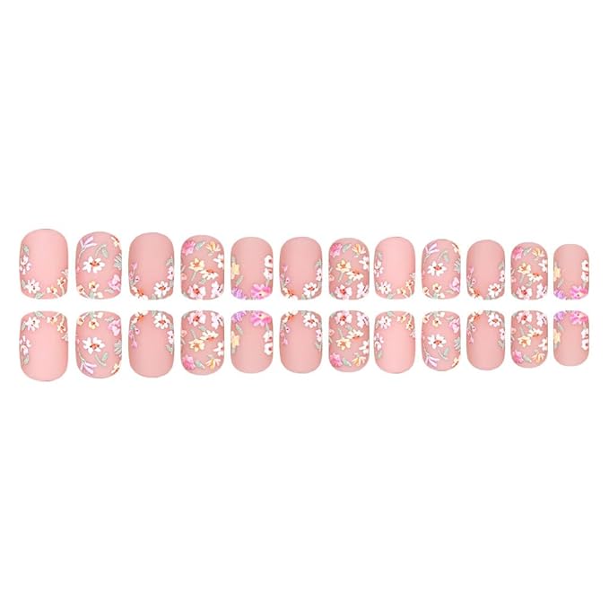 Short Press on Nails Daisy Flower Fake Nail Matter Glue on Nails Square Floral False Nail Spring Full Cover Stick on Nails Artificial Reusable Acrylic Nail for Women 24Pcs