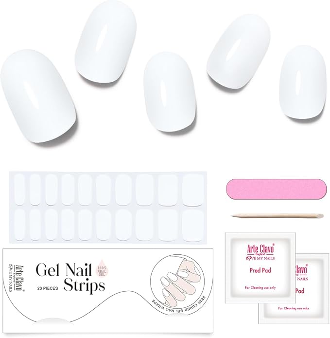 Arte Clavo Semi Cured Gel Nail Strips, 20 Pcs Gel Nail Stickers with UV Light Required, Salon Quality, Long Lasting, Easy Apply and Remove (White)