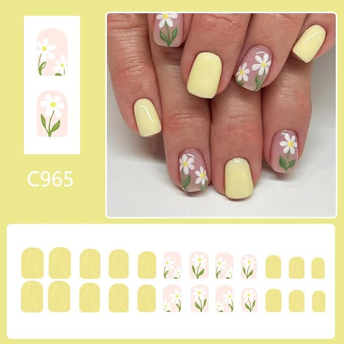 24Pcs Short Press on Nails Square Shaped Fake Nails Yellow Flower False Nails for Women Cute Glossy Stick on Nail Reusable Artificial Acrylic Nail Summer Glue on Nails Manicure Kit