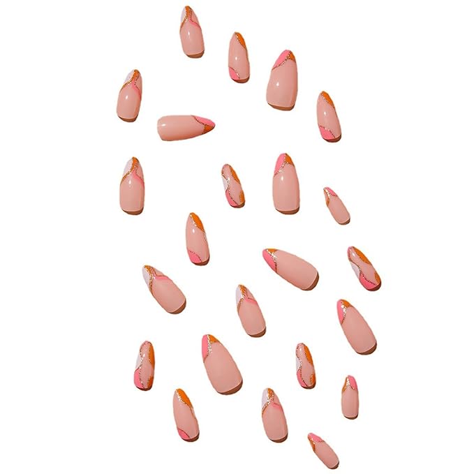 Orange Press on Nails Medium Almond Fake Nails Press ons with Design Gold Glitter Swirl Wave Acrylic False Nails Glue on Nails Artificial Glossy Stick on Nail for Women Girls Manicure Decoration 24Pcs