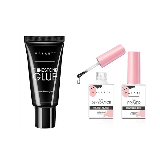 Makartt Nail Dehydrator and Primer Set with Nail Rhinestone Glue Gel Bundle, Nail Prep Nail Primer for Nails, Super Strong Gem Glue Gel 1.06oz Nail Lamp Needed for Nail Glitter Jewels Crystals