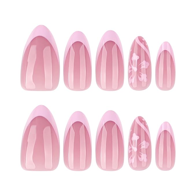 Pink Flower Press on Nails Medium Almond,Pink French Tip Fake Nails Press ons with Floral Design,Glossy Finish | Reusable | Nail Kit with Jelly Adhesive Tabs | 24 Pcs