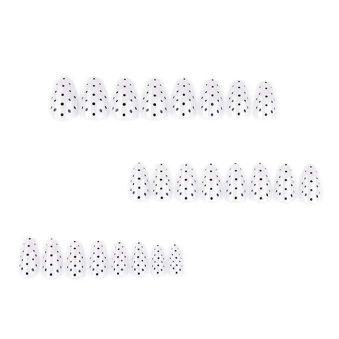 White Press on Nails Medium Almond MABKJLF Fake Nails False Nails with Black Polka Dots Designs Glossy Glue on Nail Reusable Full Cover Acrylic Nails for Women Girls 24Pcs