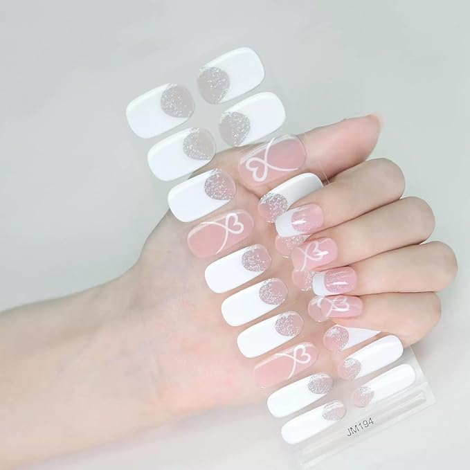 Valentines Day Semi Cured Gel Nail Strips 22Pcs Love Heart Gel Nail Stickers for Nail Art White Heart with French Tip Design Nude Pink Full Wrap Gel Nail Strips Sticker UV Light for Manicure Salon