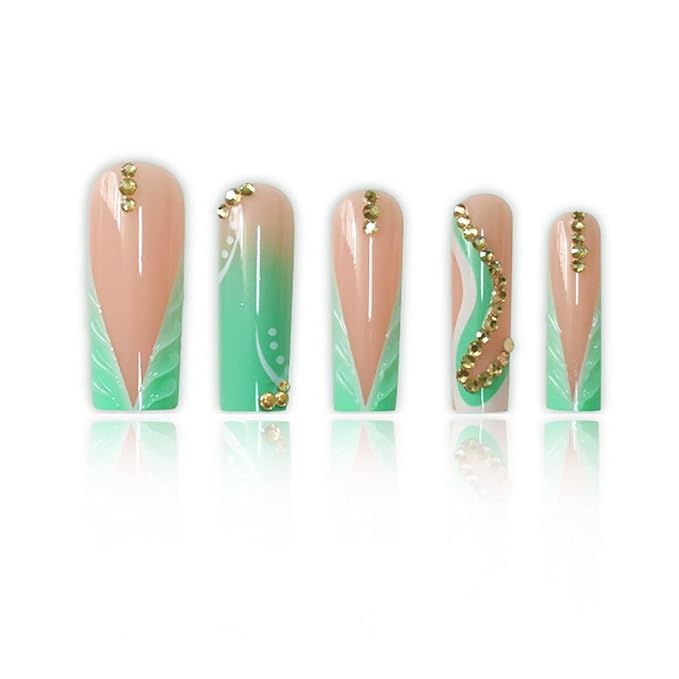 24Pcs Press on Nails Long Square Fake Nails Green French Tip Acrylic Nail with 3D Swirl Designs False Nails Gold Rhinestones Glue on Nails for Women Manicure