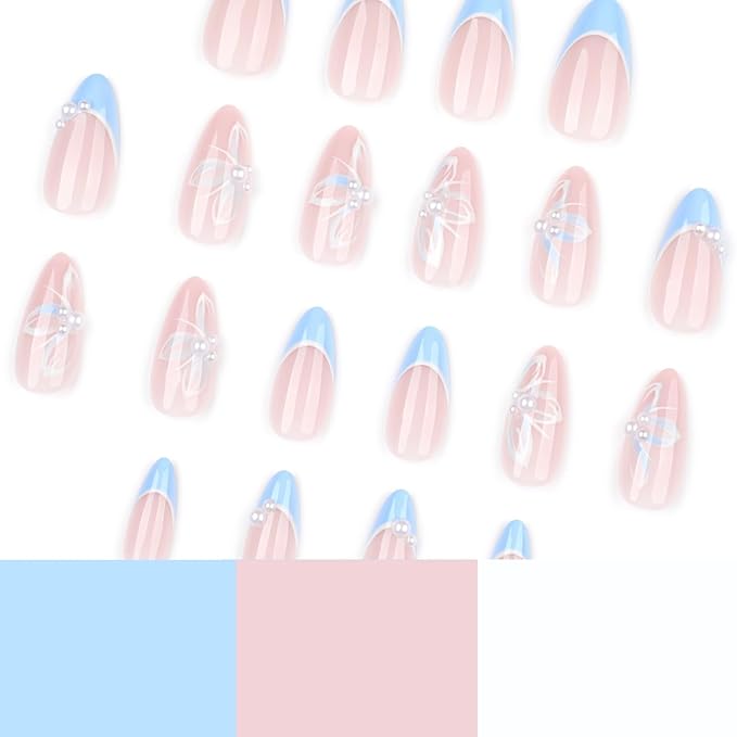 Short Almond Press on Nails French Fake Nails Blue False Nails with Floral and Pearl Designs Cute Artificial Nails Sparkly Handmade NailsFull Cover Stick on Nails for Women 24pcs