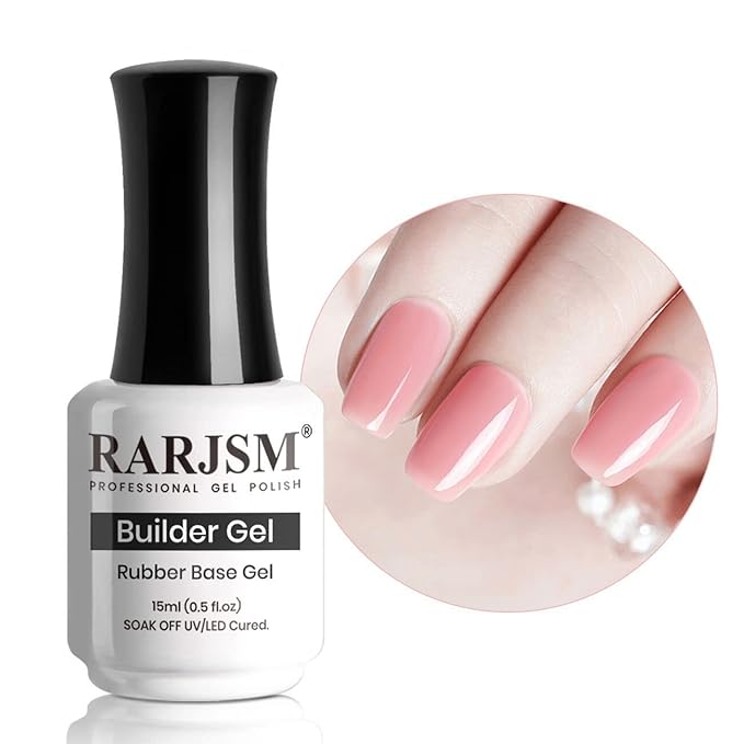 RARJSM Rubber Base Gel for Nails Sheer Pink,Builder Extension Gel,Rubber Base Coat Nude Gelpolish,Shimmer Natural Pink GelNailPolish Nail Strengthener Soak Off Curing Requires 1 Bottle 15ml