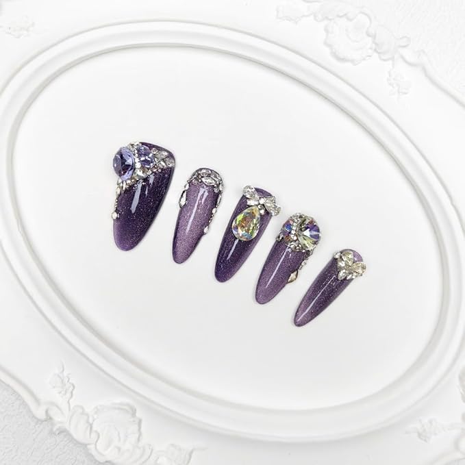 2025 Royal Purple Luxury Crystal Baroque Press-On Nails Handmade PMMA Acrylic Reusable Tips w/Box Gifts for Women (Royal Sparkle, M)