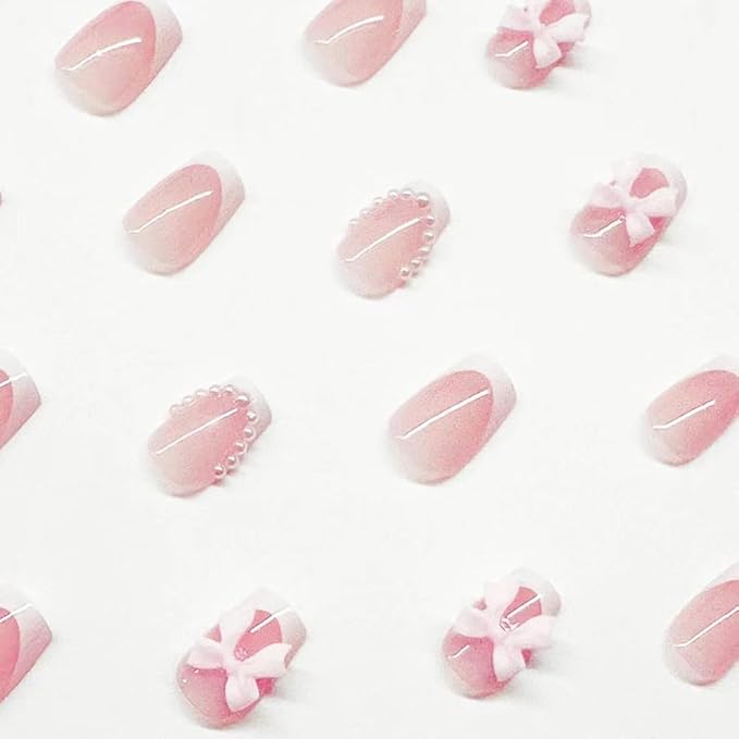 Short Press On Square Fake Nails - White French Tip, Pearl Bow Charms Design - Glue On, Glossy Full Cover Stick On Nails - 24 Pcs
