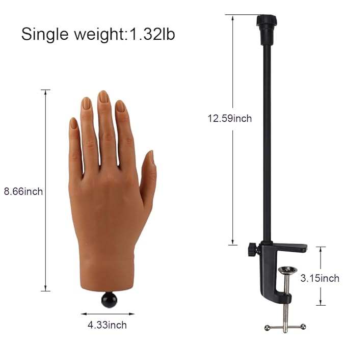 Nail Pratice Training Hand for Acrylic Nails with Stand Bracket,Soft Silicone Maniquin Hand, Flexible Bendable Nail Practice Fake Hand for Nails Art Practice Tool