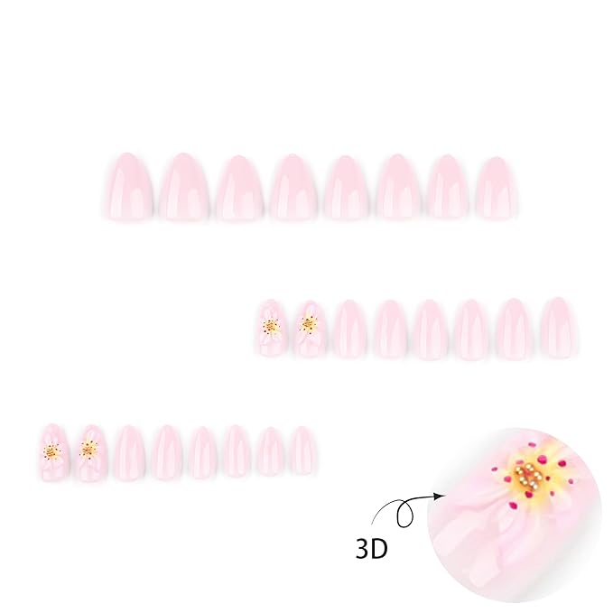 Light Pink Short Press On Nails Almond, Cute Fake Nails with 3D Floral Blossom Detail, Glossy Gel Finish Acrylic Nails, Thick Reusable Glue On Nails Kit for Women, 24Pcs