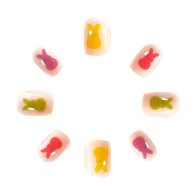 24 Pcs Easter Press on Nails Colorful French Tip Short Square Fake Nail Glitter Cute Bunny False Nails Designs Cartoon Rabbit Stick on Nails Full Cover Acrylic Nail for Women Girls Manicure Art
