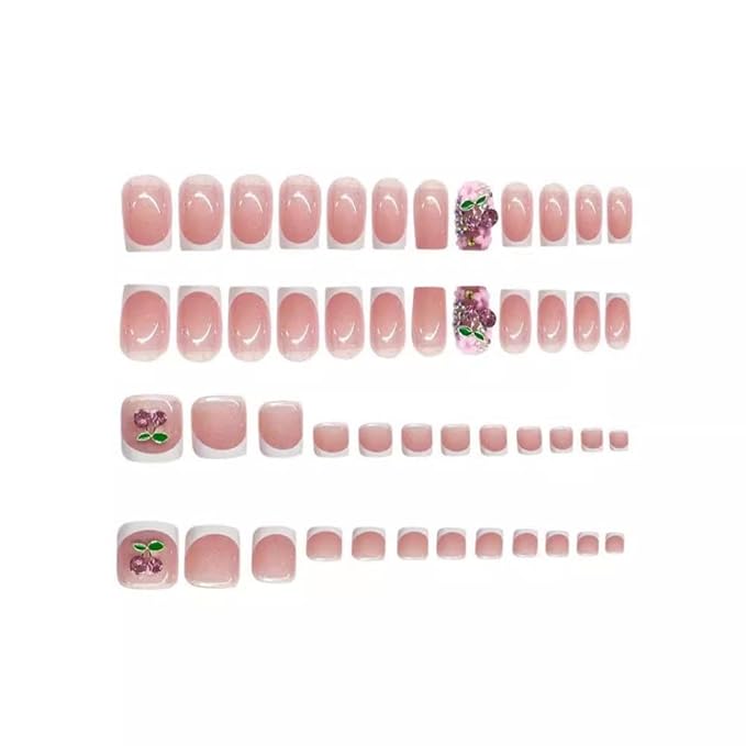 48Pcs White French Tips Press on Nails 3D Cherry Press on Toenails Medium Square Stick on Nails with Flower Charm Design Glossy Glitter Fake Nails Cute Summer False Toenails for Women DIY Manicure