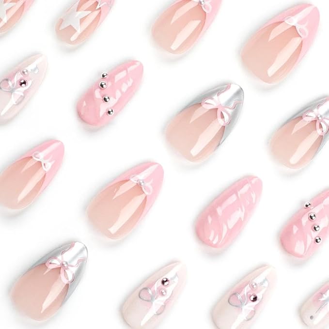 Pink French tips Press on Nails Medium Almond Fake Nails with Design Silver Bow Glue on Nails Water Ripple Stick on Nails Glossy Reusable Summer False Nails for Women Girls Manicure 24pcs