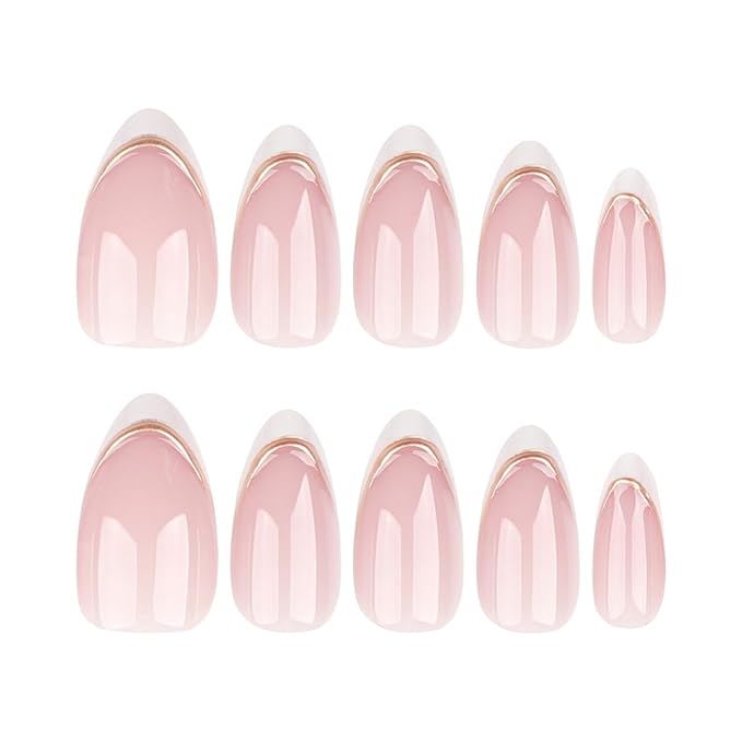 24 Pcs French Tip Press on Nails Short Almond Fake Nails with Designs Gold Stripes False Nails White French Tip Acrylic Nails Stick on Nails Full Cover Acrylic Nails for Women Girl