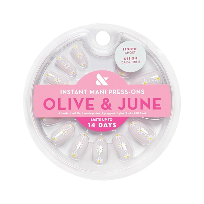Olive & June Instant Mani Press-On Nails (Glue) | 42 Fake Nails, 21 Sizes | Non-Toxic, Long-Lasting Recycled Materials Realistic Look | Spring Flowers & Patterns | Short, Round |Daisy Chain