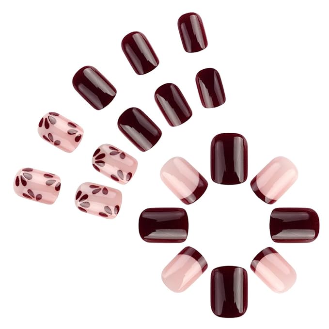 Autumn Flower Press on Nails Short Square Fake Nails Dark Red False Nails Press ons with Floral Design Reusable Artificial Nails Glossy Full Cover Glue on Nails Stick on Nails for Women Manicure 24Pcs