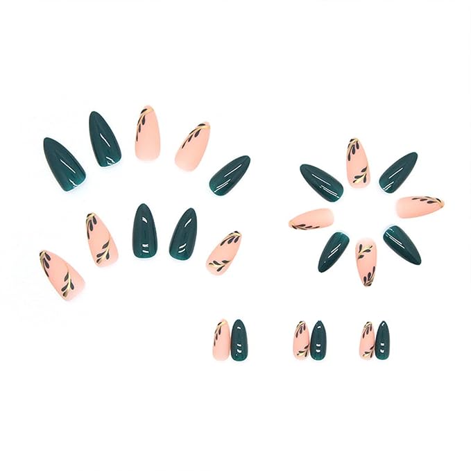Green Press on Nails - Medium Almond Fake Nails - with Designs Leaf False Nails Press ons - Glue on Nails St Patricks Day Nails Acrylic Stick on Nail for Women 24 Pcs