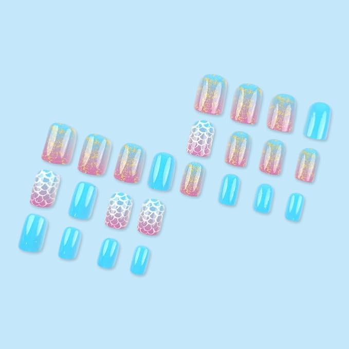 Press On Nails Summer Fake Short Square False Nails Press ons Gradient Designs Acrylic Stick On Nails Tips Glue On False Nails Kit For Women Manicure Decoration