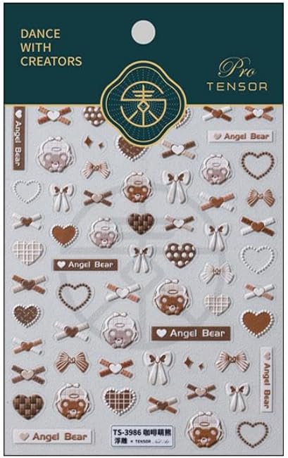 Heart Nail Art Stickers Bear Nail Decals Green Brown Nail Sticker 5D Embossed Self Adhesive with Bow Design for Women Girls Kid Manicure Decoration Accessories