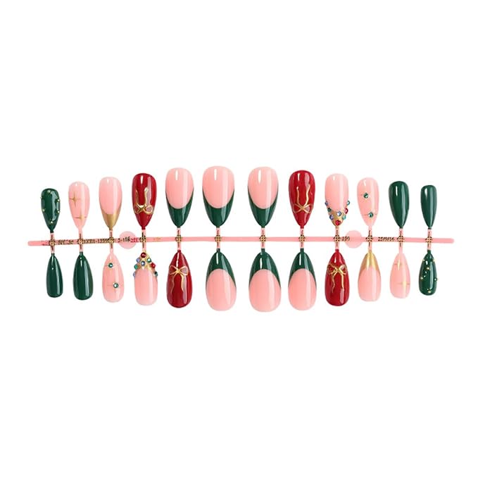 Christmas Press on Nails Short Almond Fake Nails Red Green Nails Press ons with Gold Bow,Gems Design Full Cover Stick on Nail for Women Holiday Manicure,Reusable | Nail Sticky Tab | Easy Apply | 24Pcs