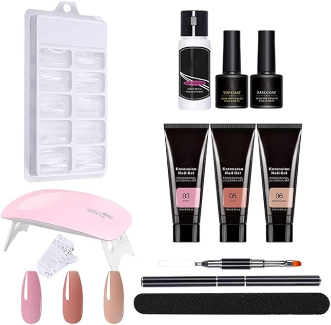 Gel Nail Kit, 11PCS Poly Nail Gel Kit Extension with UV Light Polish Starter All in One Suitable for Beginner DIY at Home (NO. 03)