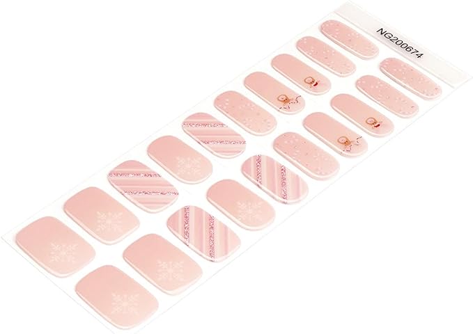 Christmas Semi Cured Gel Nail Strips - 20Pcs Pink UV Gel Nail Wraps with Snowflake & Candy & Elk Design, Long Lasting Salon-Quality Stickers, Includes Nails File & Wooden Stick - UV/LED Lamp Required