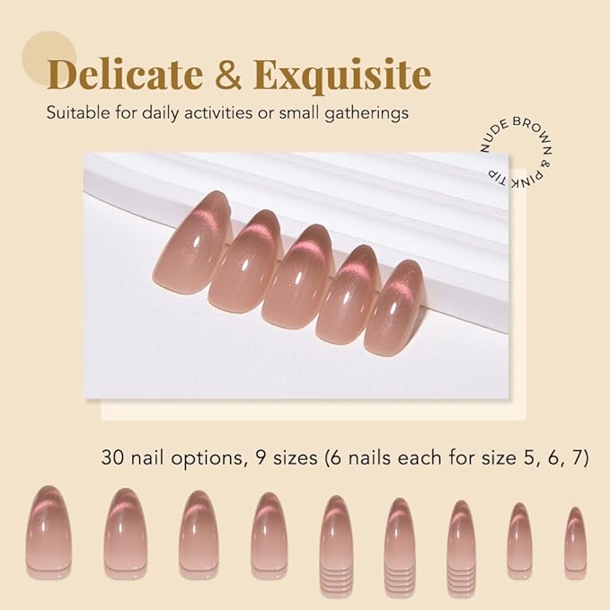 evpct Nude Brown Cat Eye Press on Nails Almond Medium, Medium Almond Stick on Nails for Women Gift, Iridescent Pink Smile Curve Metallic Glitter Reusable Gel Press on Acrylic Fake Nail with Designs