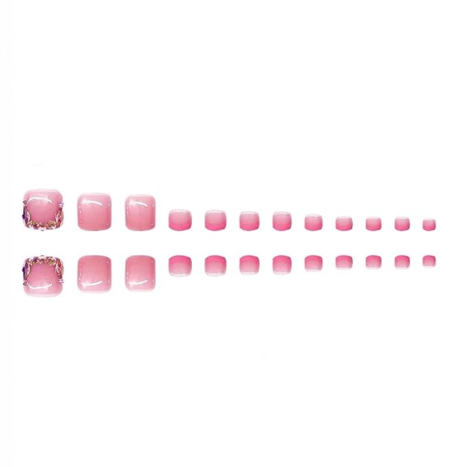 48Pcs Square Press on Nails Short & Press on Toenails Set, Pink French Tip Press on Nails with Rhinestone Design Fake Nails Short Press on Toe Nails for Women Manicure Kit