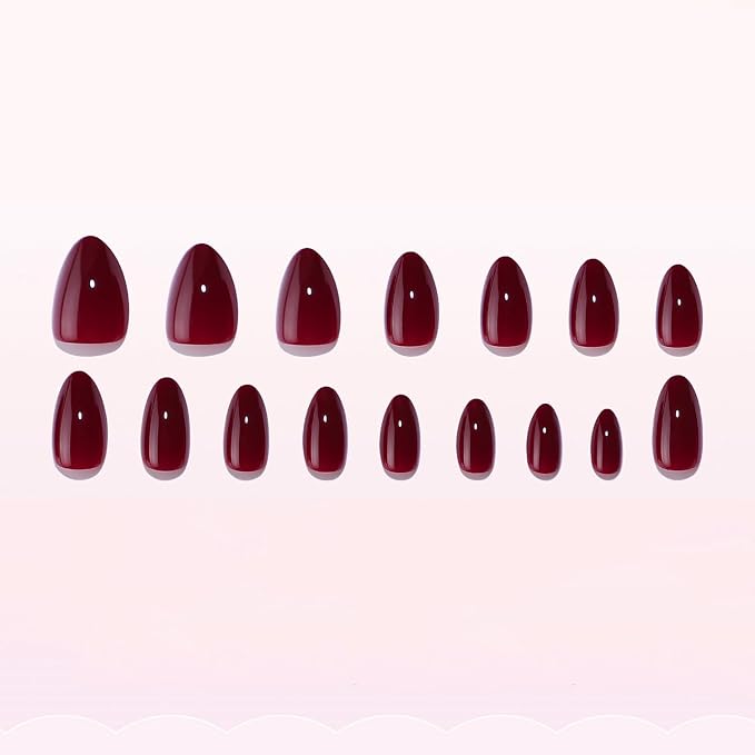 Wine Red Soft Gel Press on Nails Short Fake Nails Almond Shaped Thickened Stick on Nails Full Cover Acrylic Nails Solid Color Designs Glossy False Nails with Nails Glue for Women DIY Manicure