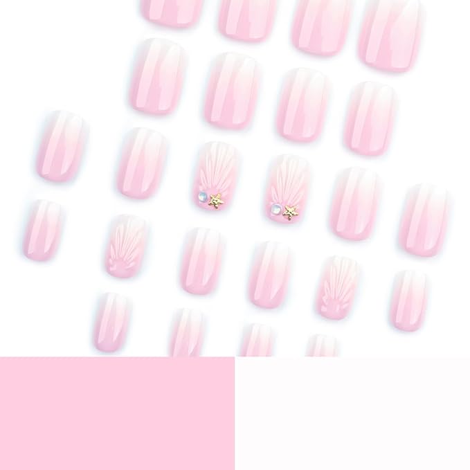24pcs French Press on Nails Short Square Pink White Gradient With Charms Designs Glossy Glue on Cute False Full Cover Artificial for Women Girl Decoration