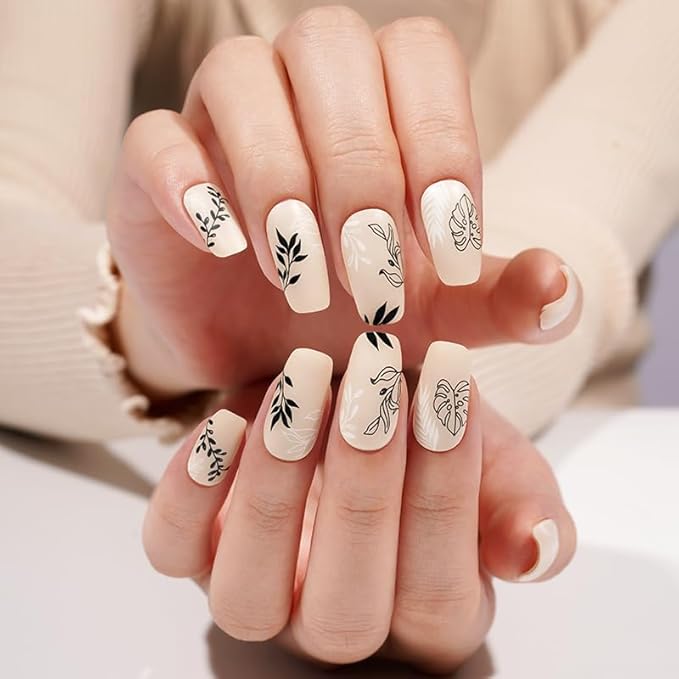 Semi-Cured Gel Nail Strips - 20 Salon-Quality Gel Sticker with UV Light Required, Long Lasting, Easy Application & Removal, Includes Prep Pad, Nail File, Wooden Stick (Latte Leaves)
